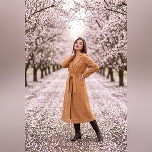 Samuel Robert Ultrasuede Trench Coat Camel Belted Long Jacket Women’s Size 10